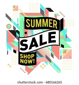 Summer sale geometric style web banner. Fashion and travel discount. Vector holiday Abstract colorful illustration with special offers and promotion.