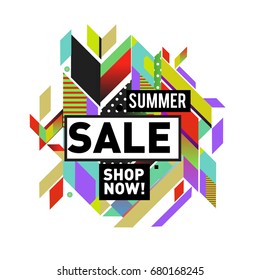 Summer sale geometric style web banner. Fashion and travel discount. Vector holiday Abstract colorful illustration with special offers and promotion.