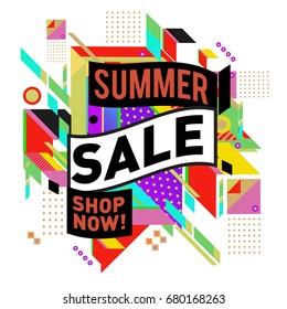 Summer sale geometric style web banner. Fashion and travel discount. Vector holiday Abstract colorful illustration with special offers and promotion.