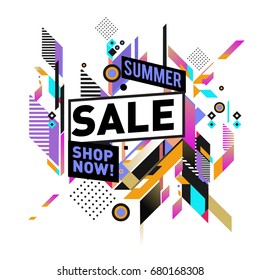 Summer sale geometric style web banner. Fashion and travel discount. Vector holiday Abstract colorful illustration with special offers and promotion.