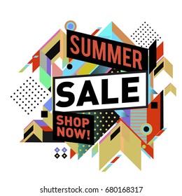 Summer sale geometric style web banner. Fashion and travel discount. Vector holiday Abstract colorful illustration with special offers and promotion.
