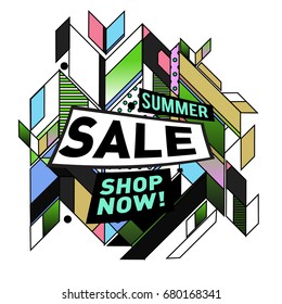 Summer sale geometric style web banner. Fashion and travel discount. Vector holiday Abstract colorful illustration with special offers and promotion.
