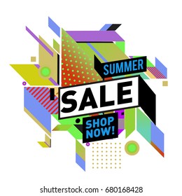 Summer sale geometric style web banner. Fashion and travel discount. Vector holiday Abstract colorful illustration with special offers and promotion.