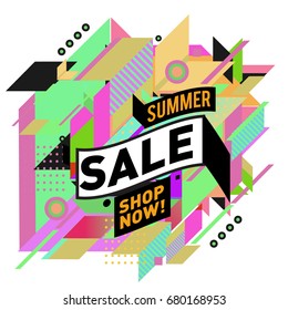 Summer sale geometric style web banner. Fashion and travel discount. Vector holiday Abstract colorful illustration with special offers and promotion.