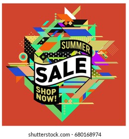 Summer sale geometric style web banner. Fashion and travel discount. Vector holiday Abstract colorful illustration with special offers and promotion.