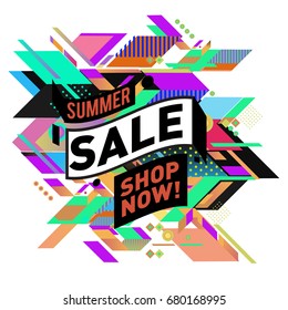 Summer sale geometric style web banner. Fashion and travel discount. Vector holiday Abstract colorful illustration with special offers and promotion.