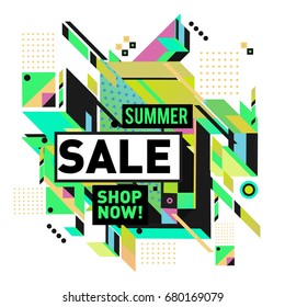 Summer sale geometric style web banner. Fashion and travel discount. Vector holiday Abstract colorful illustration with special offers and promotion.