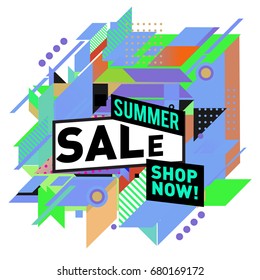Summer sale geometric style web banner. Fashion and travel discount. Vector holiday Abstract colorful illustration with special offers and promotion.