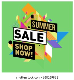 Summer sale geometric style web banner. Fashion and travel discount. Vector holiday Abstract colorful illustration with special offers and promotion.