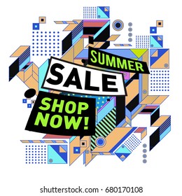 Summer sale geometric style web banner. Fashion and travel discount. Vector holiday Abstract colorful illustration with special offers and promotion.