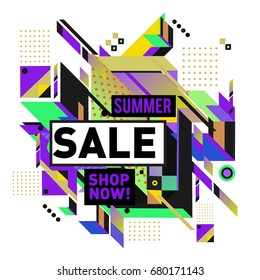 Summer sale geometric style web banner. Fashion and travel discount. Vector holiday Abstract colorful illustration with special offers and promotion.