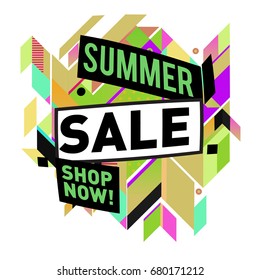 Summer sale geometric style web banner. Fashion and travel discount. Vector holiday Abstract colorful illustration with special offers and promotion.