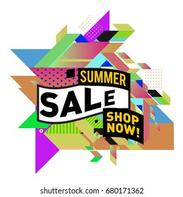 Summer sale geometric style web banner. Fashion and travel discount. Vector holiday Abstract colorful illustration with special offers and promotion.