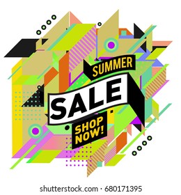 Summer sale geometric style web banner. Fashion and travel discount. Vector holiday Abstract colorful illustration with special offers and promotion.