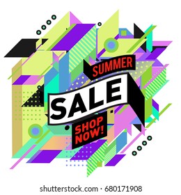Summer sale geometric style web banner. Fashion and travel discount. Vector holiday Abstract colorful illustration with special offers and promotion.