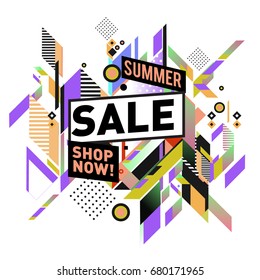 Summer sale geometric style web banner. Fashion and travel discount. Vector holiday Abstract colorful illustration with special offers and promotion.