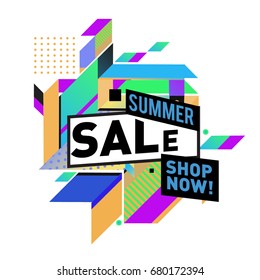 Summer sale geometric style web banner. Fashion and travel discount. Vector holiday Abstract colorful illustration with special offers and promotion.