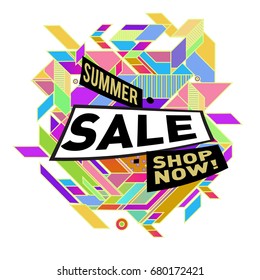 Summer sale geometric style web banner. Fashion and travel discount. Vector holiday Abstract colorful illustration with special offers and promotion.