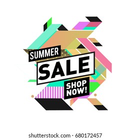 Summer sale geometric style web banner. Fashion and travel discount. Vector holiday Abstract colorful illustration with special offers and promotion.