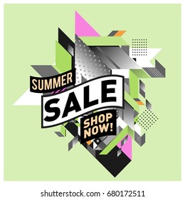 Summer sale geometric style web banner. Fashion and travel discount. Vector holiday Abstract colorful illustration with special offers and promotion.