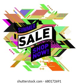 Summer sale geometric style web banner. Fashion and travel discount. Vector holiday Abstract colorful illustration with special offers and promotion.