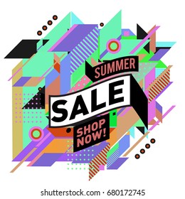 Summer sale geometric style web banner. Fashion and travel discount. Vector holiday Abstract colorful illustration with special offers and promotion.