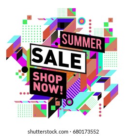 Summer sale geometric style web banner. Fashion and travel discount. Vector holiday Abstract colorful illustration with special offers and promotion.