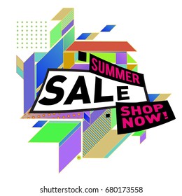 Summer sale geometric style web banner. Fashion and travel discount. Vector holiday Abstract colorful illustration with special offers and promotion.