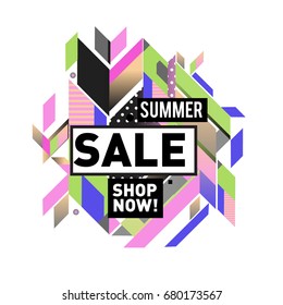 Summer sale geometric style web banner. Fashion and travel discount. Vector holiday Abstract colorful illustration with special offers and promotion.