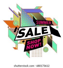 Summer sale geometric style web banner. Fashion and travel discount. Vector holiday Abstract colorful illustration with special offers and promotion.