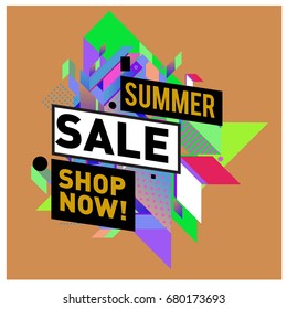 Summer sale geometric style web banner. Fashion and travel discount. Vector holiday Abstract colorful illustration with special offers and promotion.