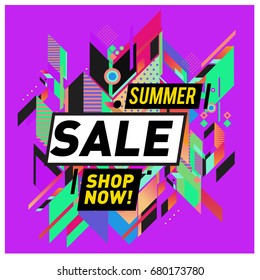 Summer sale geometric style web banner. Fashion and travel discount. Vector holiday Abstract colorful illustration with special offers and promotion.