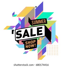 Summer sale geometric style web banner. Fashion and travel discount. Vector holiday Abstract colorful illustration with special offers and promotion.