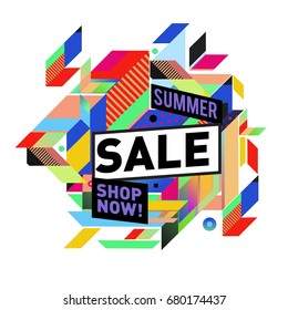 Summer sale geometric style web banner. Fashion and travel discount. Vector holiday Abstract colorful illustration with special offers and promotion.