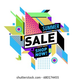 Summer sale geometric style web banner. Fashion and travel discount. Vector holiday Abstract colorful illustration with special offers and promotion.