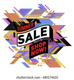 Summer sale geometric style web banner. Fashion and travel discount. Vector holiday Abstract colorful illustration with special offers and promotion.