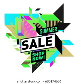 Summer sale geometric style web banner. Fashion and travel discount. Vector holiday Abstract colorful illustration with special offers and promotion.