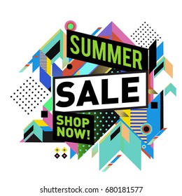 Summer sale geometric style web banner. Fashion and travel discount. Vector holiday Abstract colorful illustration with special offers and promotion.