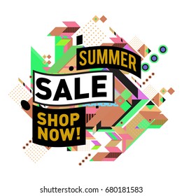 Summer sale geometric style web banner. Fashion and travel discount. Vector holiday Abstract colorful illustration with special offers and promotion.