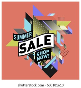 Summer sale geometric style web banner. Fashion and travel discount. Vector holiday Abstract colorful illustration with special offers and promotion.