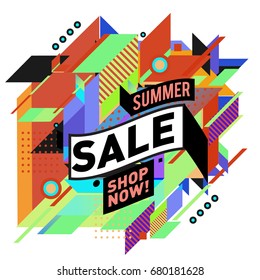 Summer sale geometric style web banner. Fashion and travel discount. Vector holiday Abstract colorful illustration with special offers and promotion.