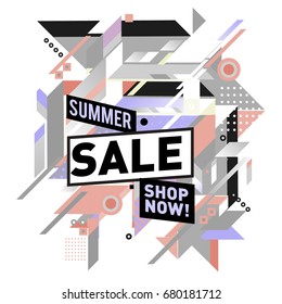 Summer sale geometric style web banner. Fashion and travel discount. Vector holiday Abstract colorful illustration with special offers and promotion.