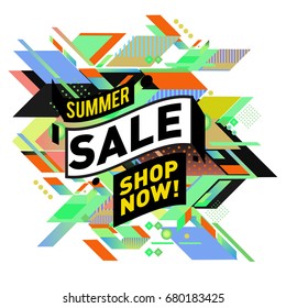 Summer sale geometric style web banner. Fashion and travel discount. Vector holiday Abstract colorful illustration with special offers and promotion.