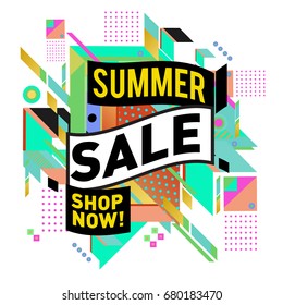 Summer sale geometric style web banner. Fashion and travel discount. Vector holiday Abstract colorful illustration with special offers and promotion.