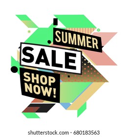 Summer sale geometric style web banner. Fashion and travel discount. Vector holiday Abstract colorful illustration with special offers and promotion.