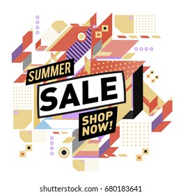 Summer sale geometric style web banner. Fashion and travel discount. Vector holiday Abstract colorful illustration with special offers and promotion.