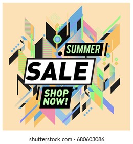 Summer sale geometric style web banner. Fashion and travel discount. Vector holiday Abstract colorful illustration with special offers and promotion.