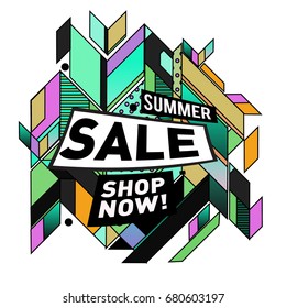 Summer sale geometric style web banner. Fashion and travel discount. Vector holiday Abstract colorful illustration with special offers and promotion.