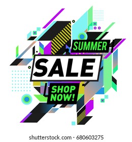 Summer sale geometric style web banner. Fashion and travel discount. Vector holiday Abstract colorful illustration with special offers and promotion.