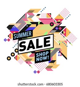 Summer sale geometric style web banner. Fashion and travel discount. Vector holiday Abstract colorful illustration with special offers and promotion.